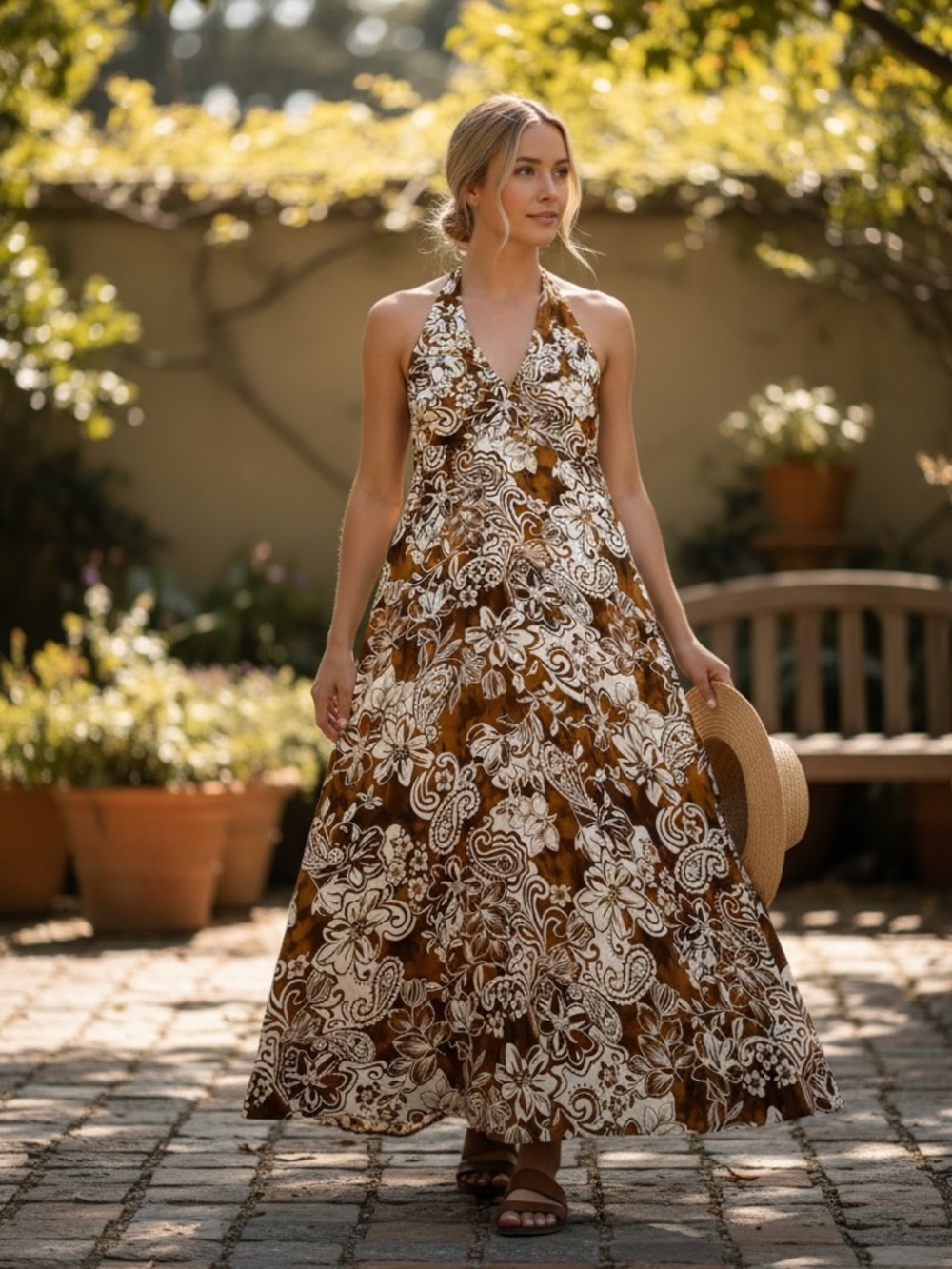 EXPRESS Brown Floral Tropical Halter Maxi Dress Resortwear Vacation